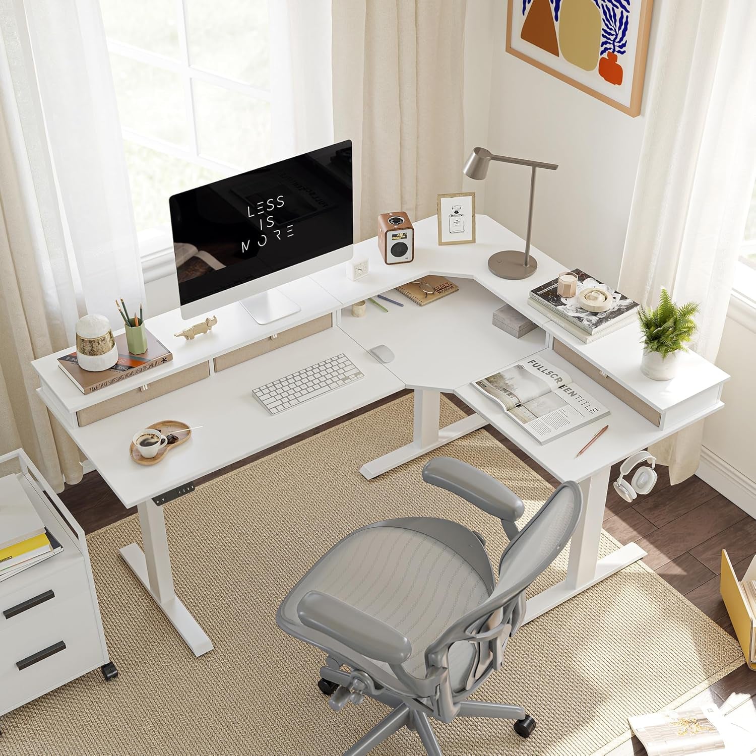 63" Triple Motor L Shaped Standing Desk with 3 Drawers, 330LBS Electric Standing Gaming Office Desk L Shape, Pure White