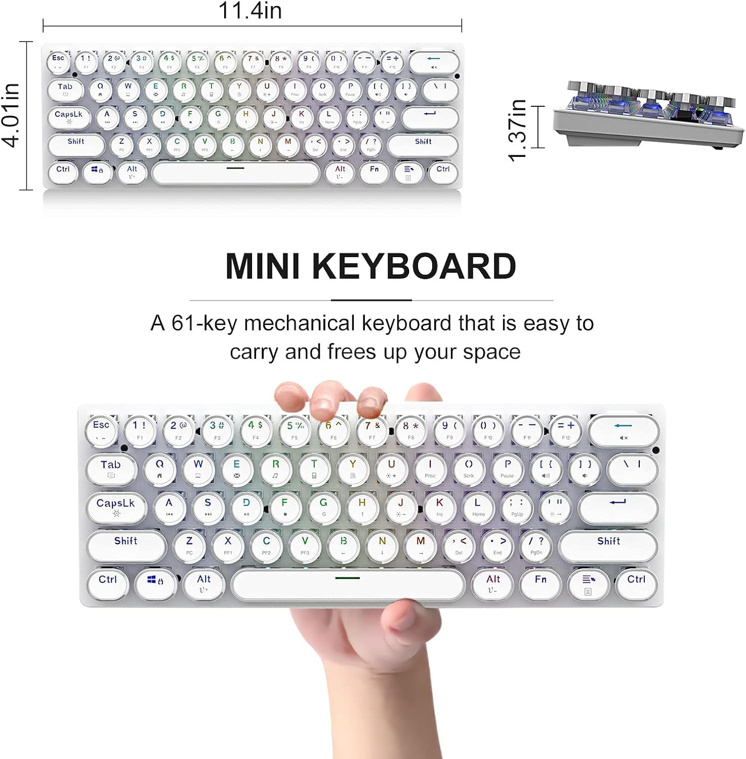60% Mechanical Keyboard, Gaming Keyboard for PC, Wired Mini White Keyboaed Compact RGB LED Backlit, Retro Computer Keyboard Typewriter Style round Keycap for PC Gamer/Office, 61 Keys