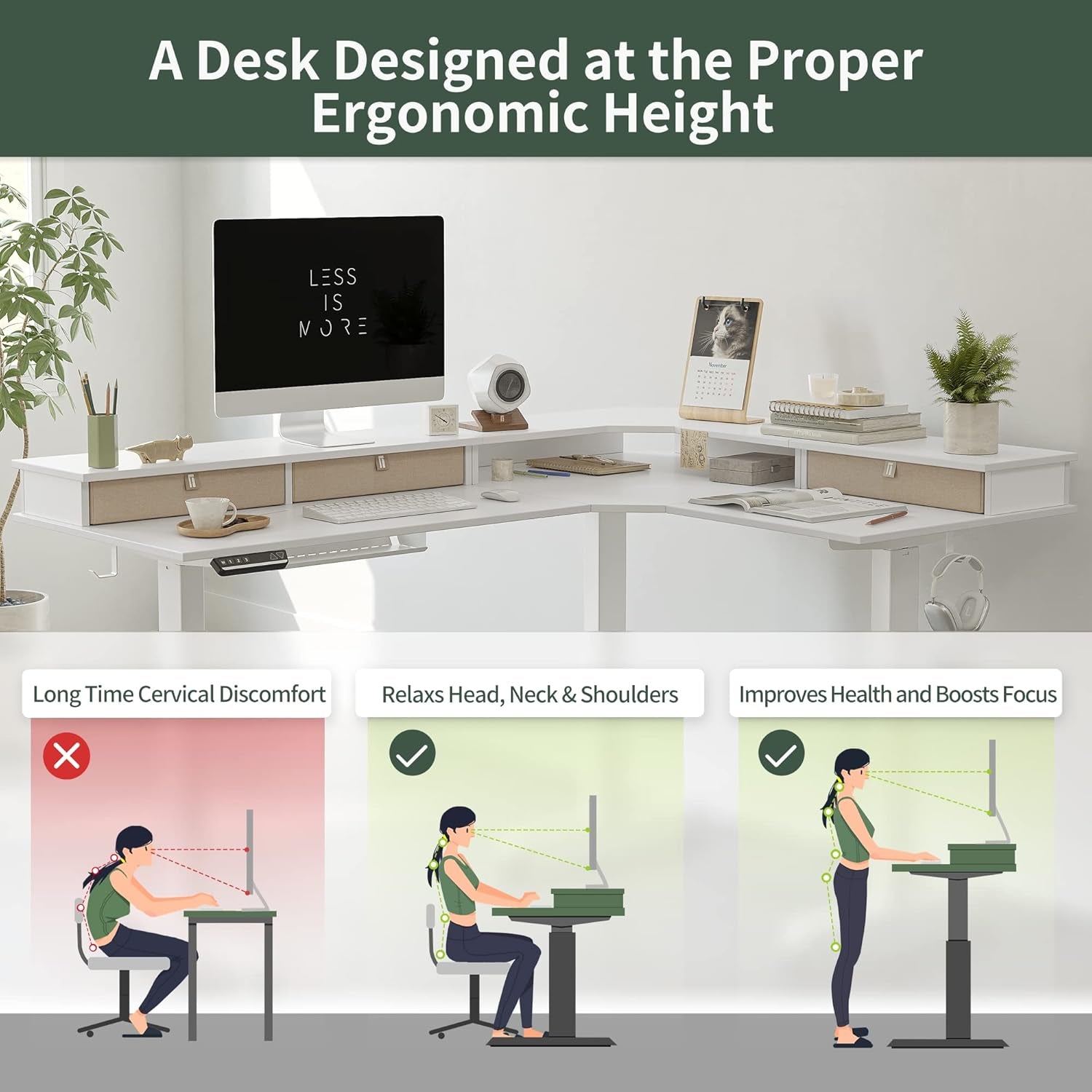 63" Triple Motor L Shaped Standing Desk with 3 Drawers, 330LBS Electric Standing Gaming Office Desk L Shape, Pure White