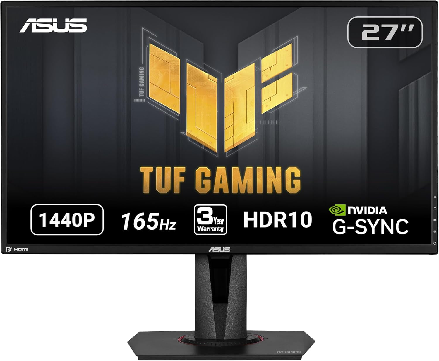 TUF Gaming 27" 2K HDR Gaming Monitor (VG27AQ) - QHD (2560 X 1440), 165Hz (Supports 144Hz), 1Ms, Extreme Low Motion Blur, Speaker, G-SYNC Compatible, VESA Mountable, Displayport, Hdmi,Black